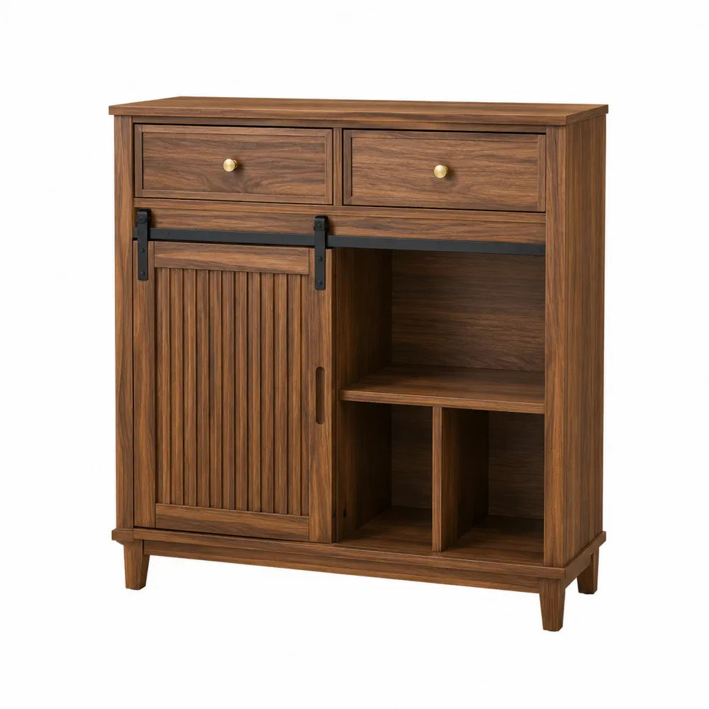Credenza in Legno di Noce con Ante Scorrevoli e Cassetti
