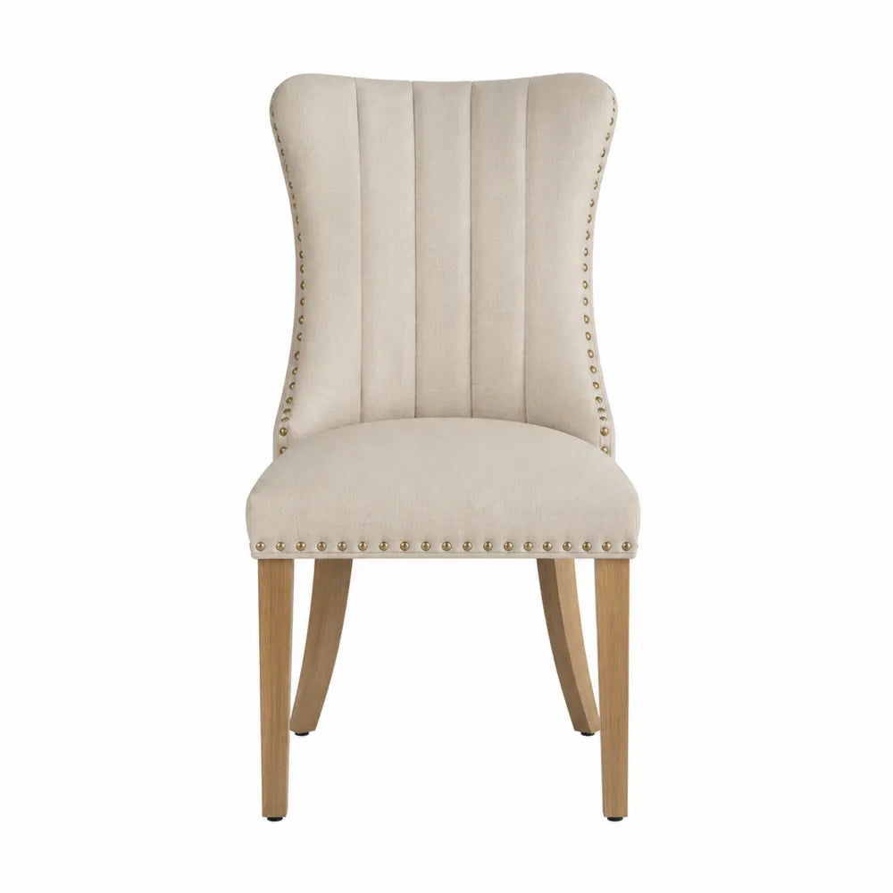 Sedia da pranzo in tessuto poliestere beige con gambe in legno di quercia