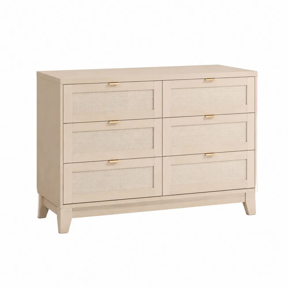 Cassettiera in legno con sei cassetti frontali tessuto beige