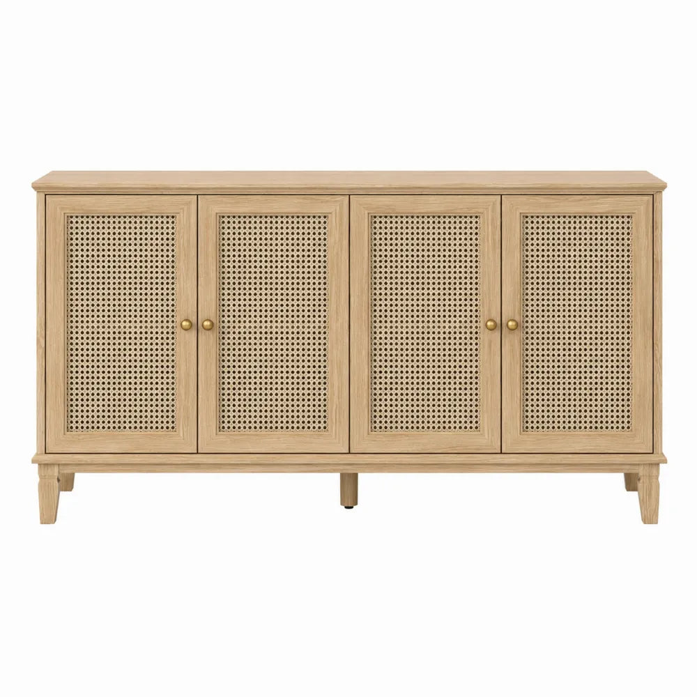 Credenza rettangolare in legno e rattan color rovere naturale